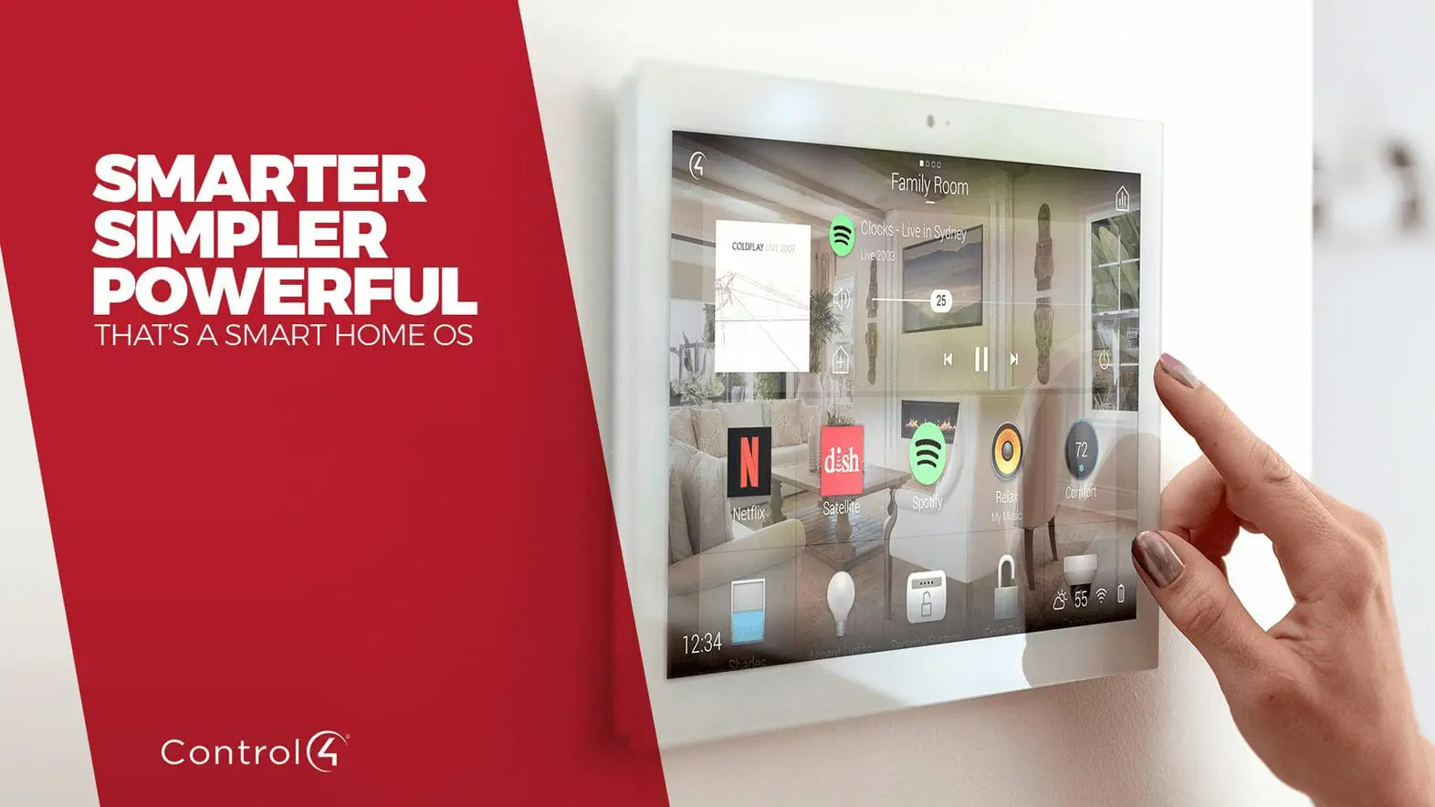 Smart home operating system interface on a wall-mounted touchscreen