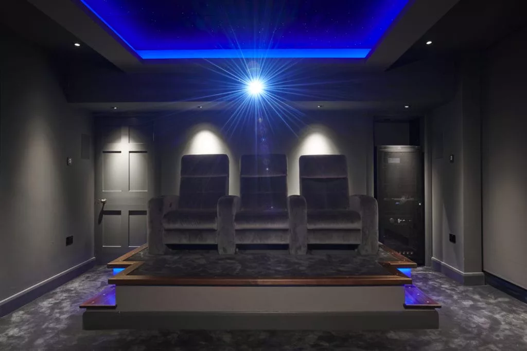 Dedicated home cinema room designed and installed by SMC Custom Installs
