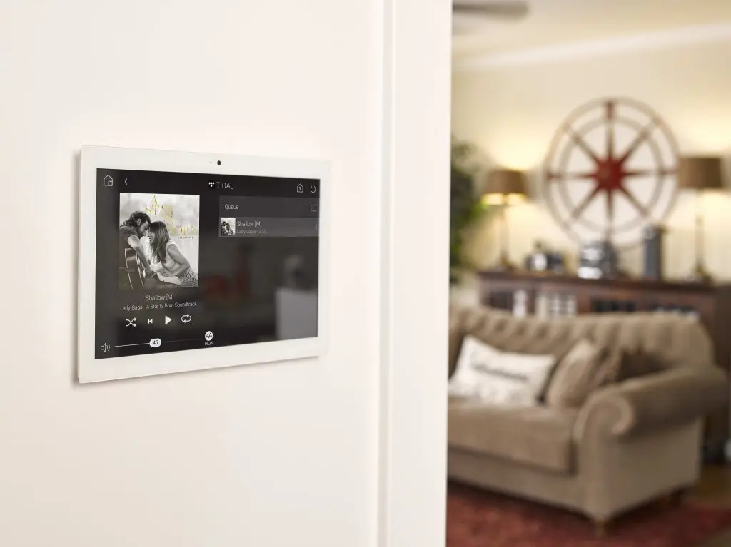 Control4 multi-room audio system playing music in a living room