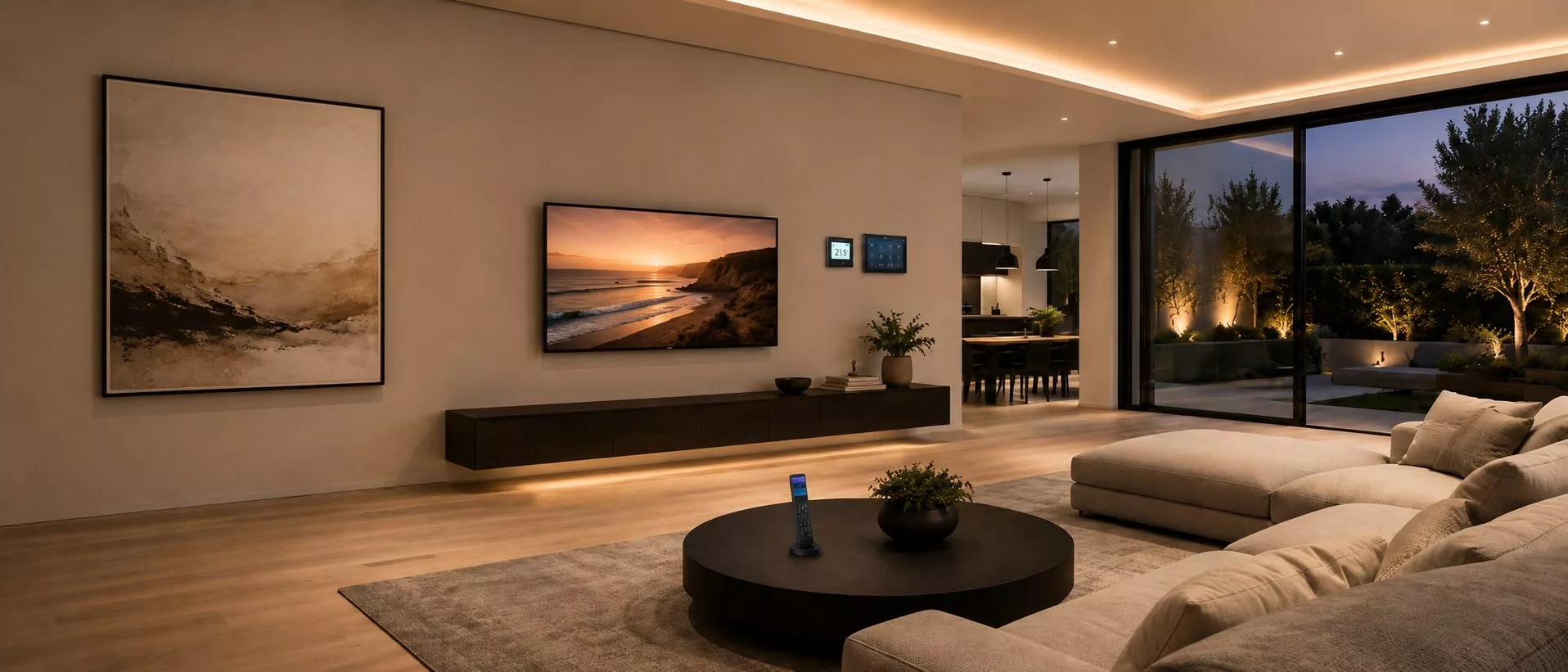 Modern smart home exterior at dusk with automated lighting