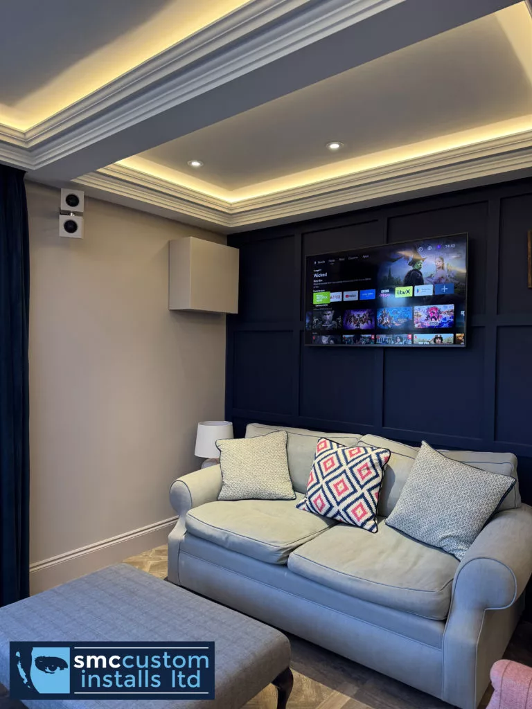 Wall-mounted TV and corner speaker above a sofa in a navy-panelled snug