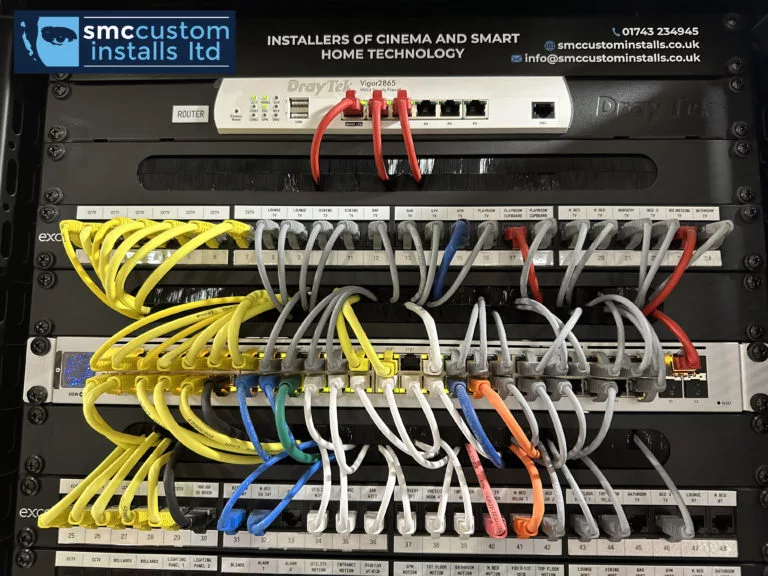 Equipment rack with patch panels, router and colour-coded structured cabling