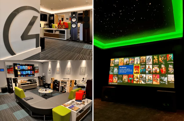 Collage of SMC Control4 showroom demo areas, hi-fi displays and star ceiling cinema screen