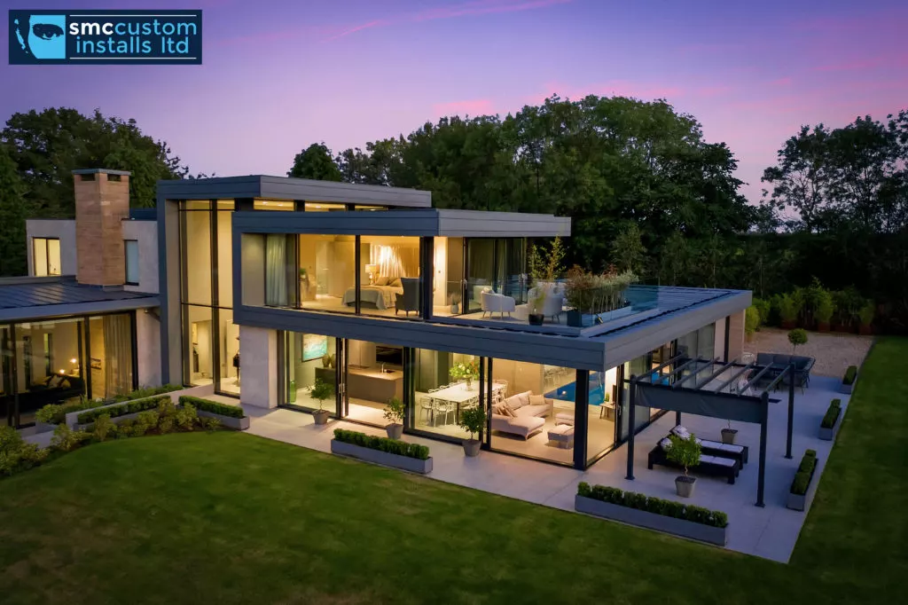 Smart lighting scene in a modern open-plan living space