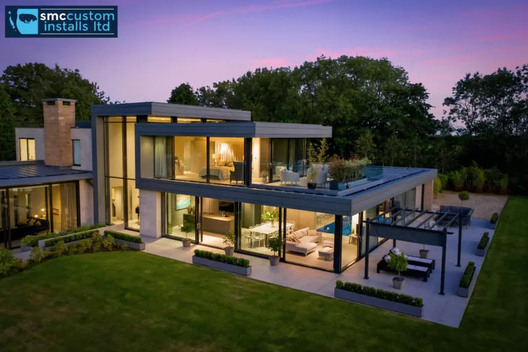 Modern glass-fronted house at dusk with lit interiors, balcony and covered outdoor seating