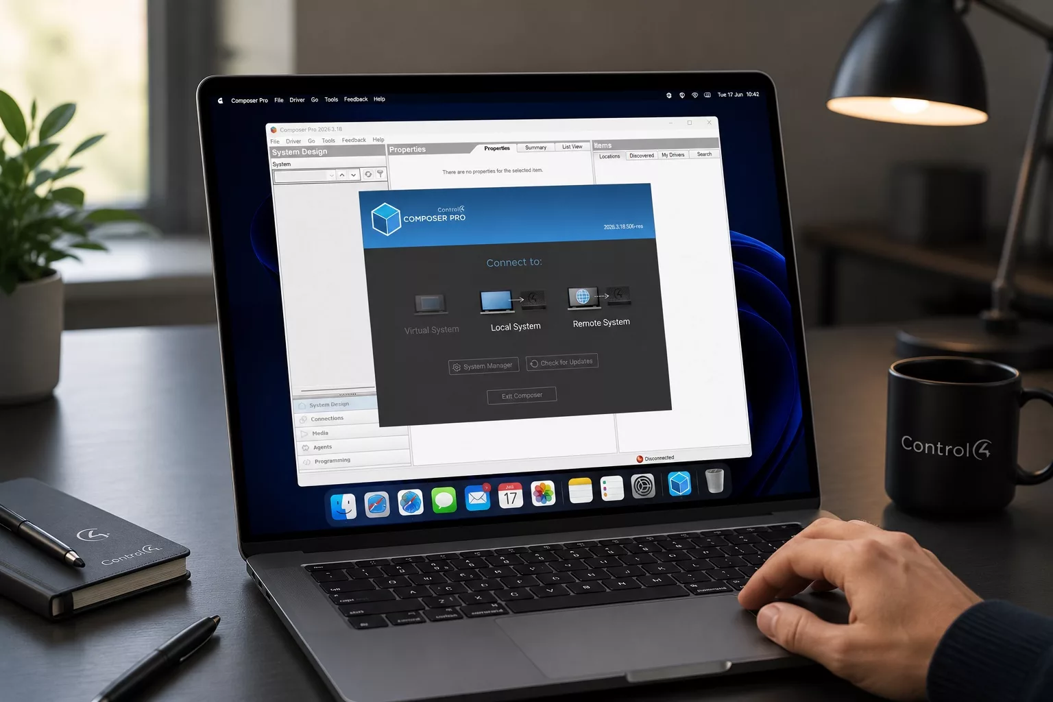 Control4 Composer Pro open on a laptop during a remote system health check