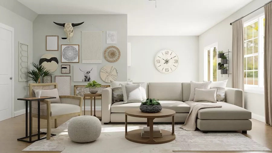 Neutral living room with curtains filtering natural light from tall windows